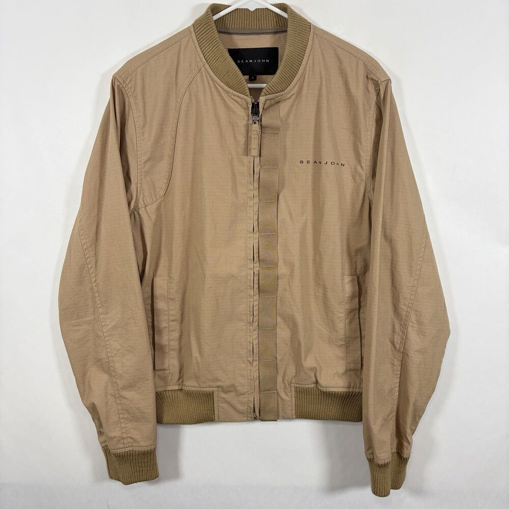 Sean John Full Zip Bomber Jacket Mens Size Medium Tan Brown Pockets Spellout